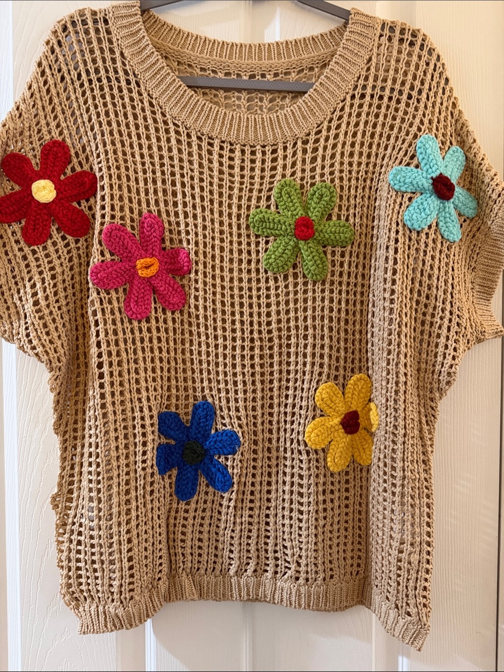 Beige Crochet Flower Appliqué Sweater Top